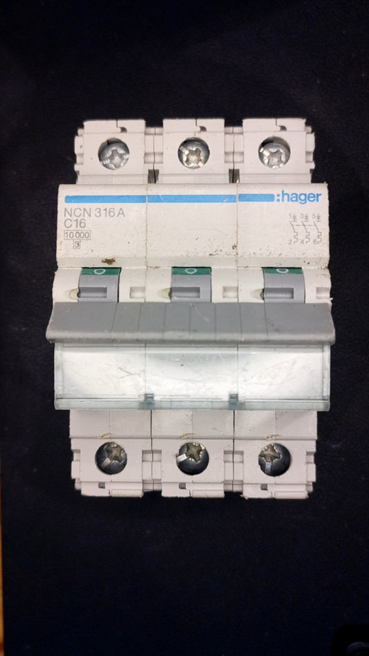 C16 Hager NCN316A 16A Circuit Breaker (3-Pole)